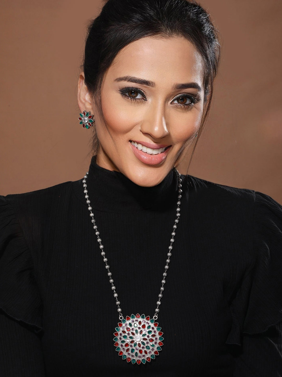 Oxidised Red & Green Stone Studded Pendant Jewellery Set, zaveri pearls, sale price rs, sale price, sale gold plated, sale gold, sale, rubans, ring, regular price, priyassi jewellery, kushal'