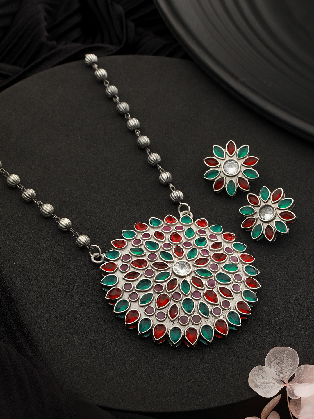 Oxidised Red & Green Stone Studded Pendant Jewellery Set, zaveri pearls, sale price rs, sale price, sale gold plated, sale gold, sale, rubans, ring, regular price, priyassi jewellery, kushal'