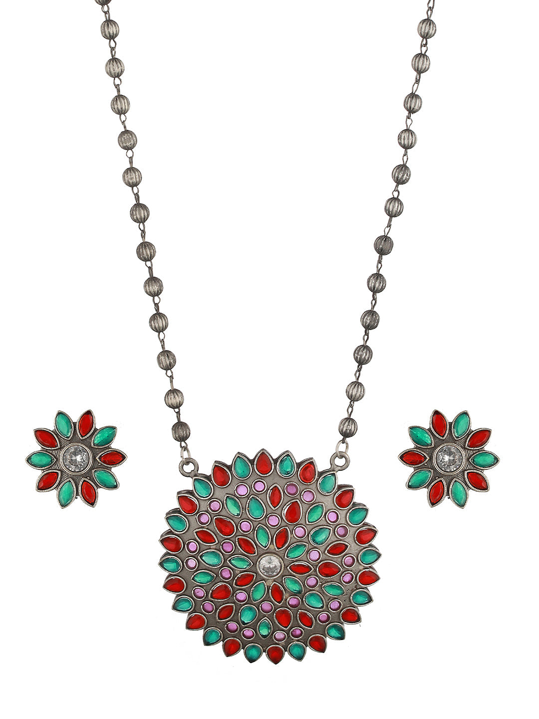 Oxidised Red & Green Stone Studded Pendant Jewellery Set, zaveri pearls, sale price rs, sale price, sale gold plated, sale gold, sale, rubans, ring, regular price, priyassi jewellery, kushal'