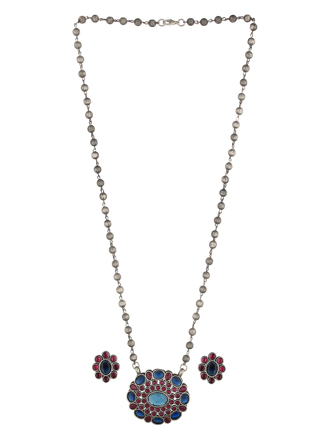 Oxidised Red & Blue Stone Studded Statement Pendant jewellery Set, zaveri pearls, sale price rs, sale price, sale gold plated, sale gold, sale, rubans, ring, regular price, priyassi jewellery