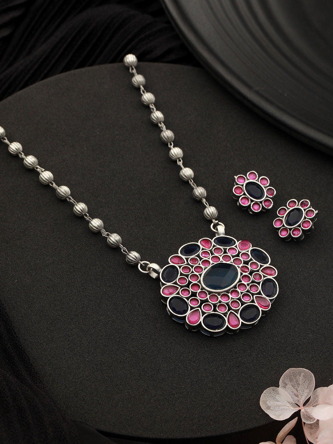 Oxidised Red & Blue Stone Studded Statement Pendant jewellery Set, zaveri pearls, sale price rs, sale price, sale gold plated, sale gold, sale, rubans, ring, regular price, priyassi jewellery