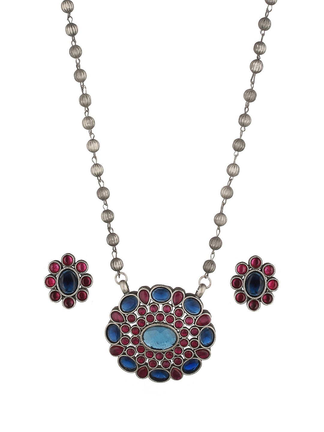 Oxidised Red & Blue Stone Studded Statement Pendant jewellery Set, zaveri pearls, sale price rs, sale price, sale gold plated, sale gold, sale, rubans, ring, regular price, priyassi jewellery