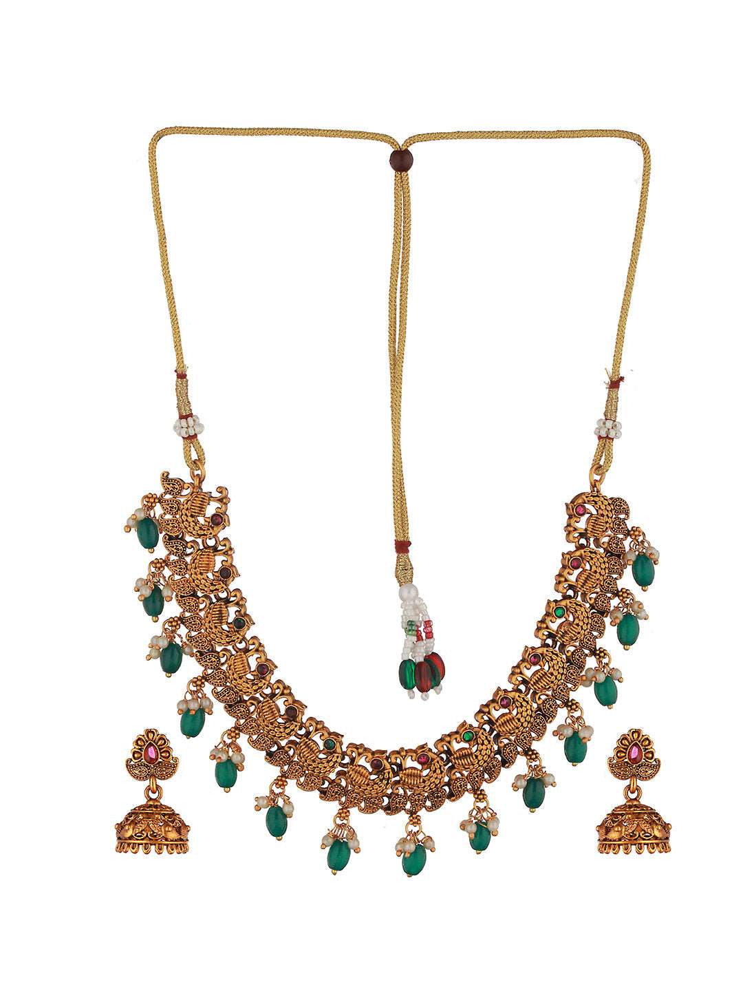 Gold Plated Green Stone Studded Peacock temple Jewellery Set, zaveri pearls, sale price rs, sale price, sale gold plated, sale gold, sale, rubans, ring, regular price, priyassi jewellery, kus