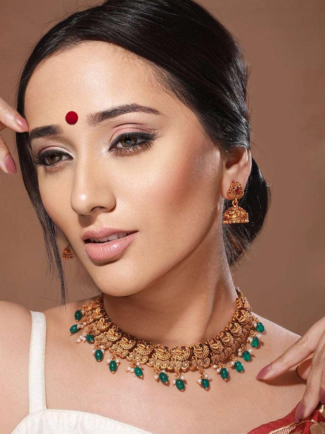 Gold Plated Green Stone Studded Peacock temple Jewellery Set, zaveri pearls, sale price rs, sale price, sale gold plated, sale gold, sale, rubans, ring, regular price, priyassi jewellery, kus