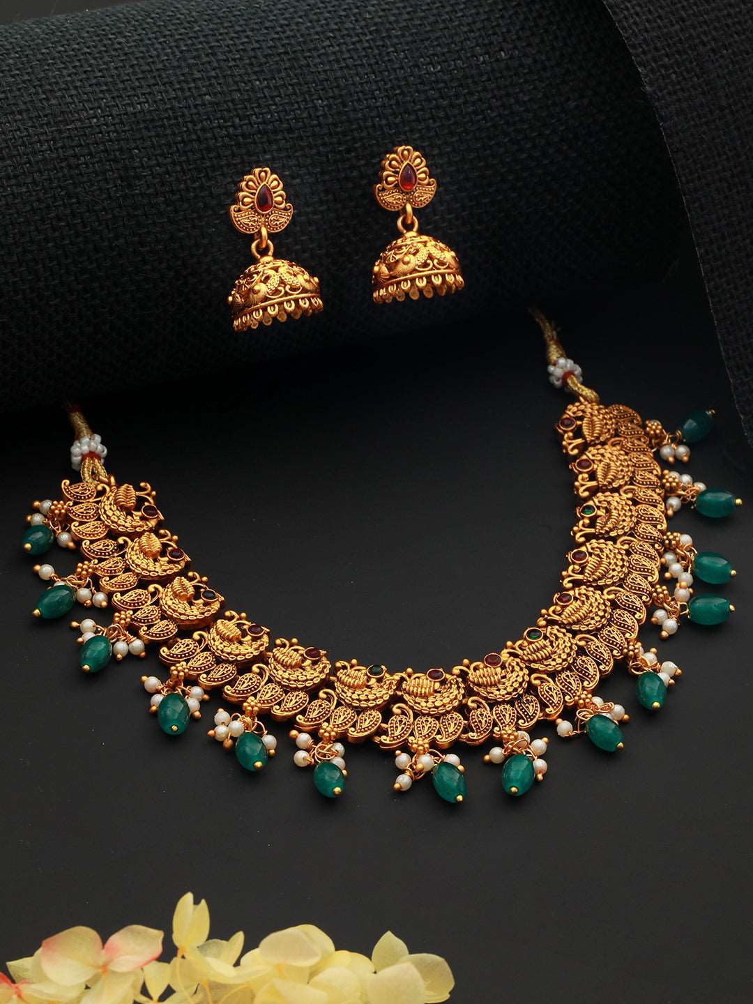 Gold Plated Green Stone Studded Peacock temple Jewellery Set, zaveri pearls, sale price rs, sale price, sale gold plated, sale gold, sale, rubans, ring, regular price, priyassi jewellery, kus