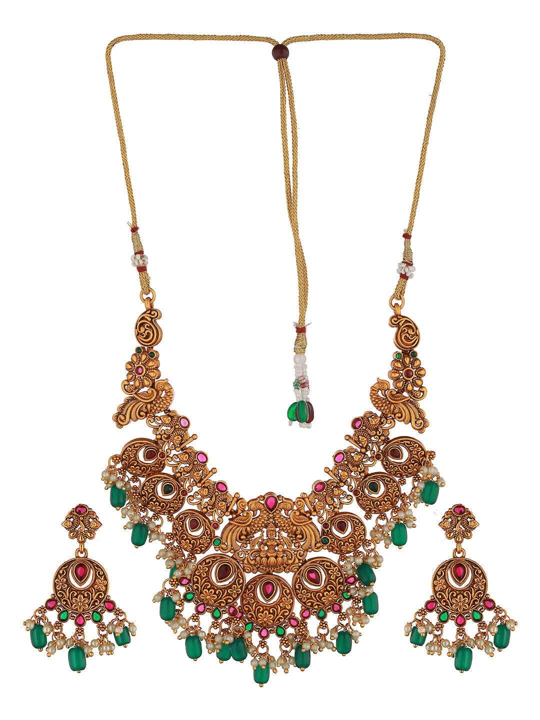 Gold Plated Red & Green Studded Lakshmiji Temple Pendant Jewellery Set, zaveri pearls, sale price rs, sale price, sale gold plated, sale gold, sale, rubans, ring, regular price, priyassi jewe