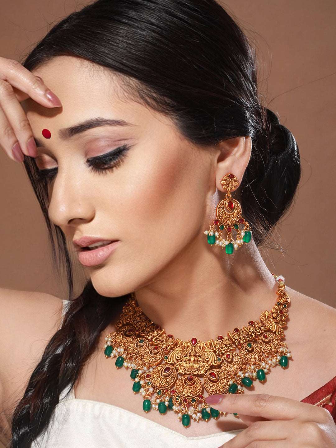 Gold Plated Red & Green Studded Lakshmiji Temple Pendant Jewellery Set, zaveri pearls, sale price rs, sale price, sale gold plated, sale gold, sale, rubans, ring, regular price, priyassi jewe