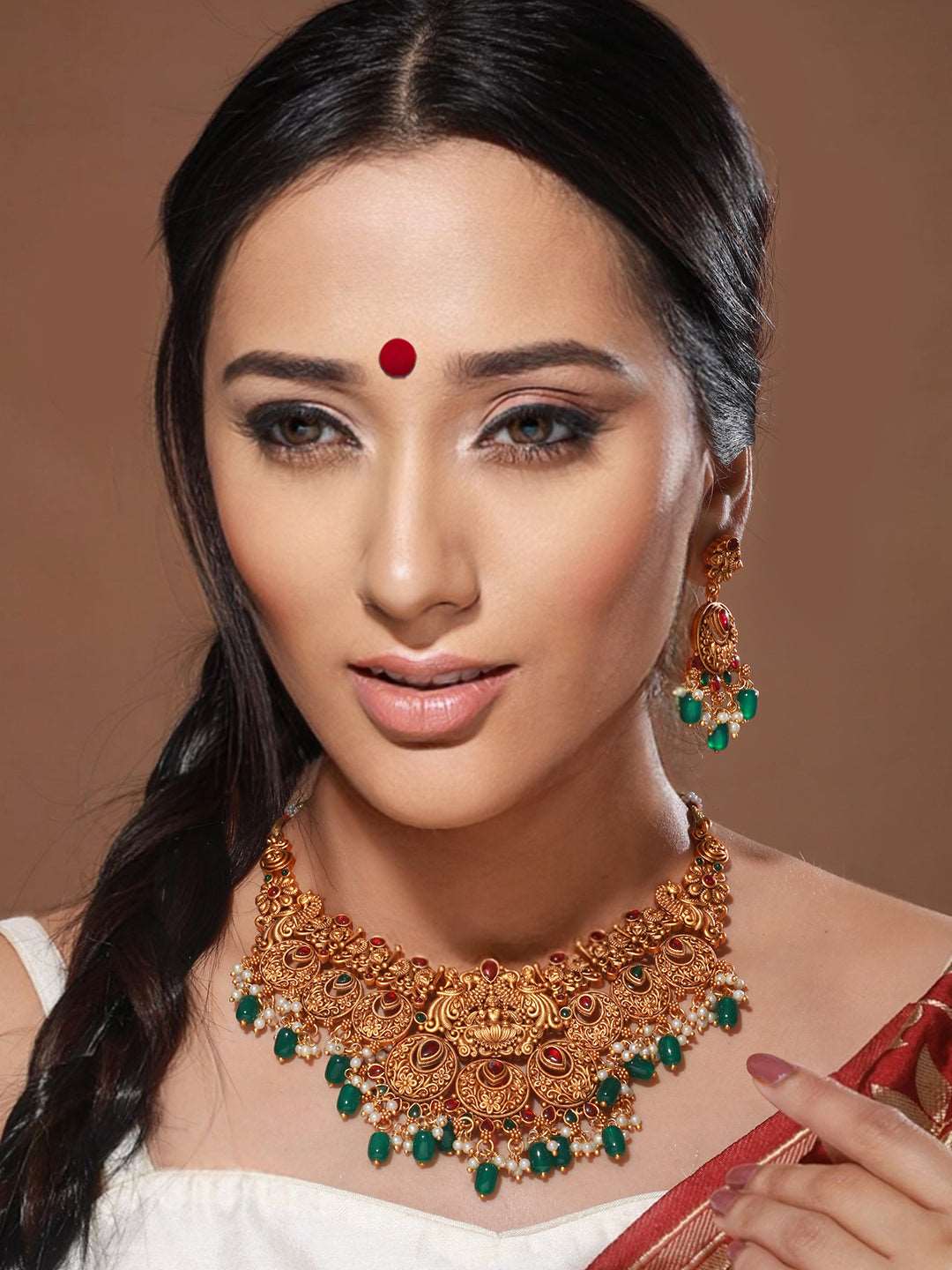 Gold Plated Red & Green Studded Lakshmiji Temple Pendant Jewellery Set, zaveri pearls, sale price rs, sale price, sale gold plated, sale gold, sale, rubans, ring, regular price, priyassi jewe