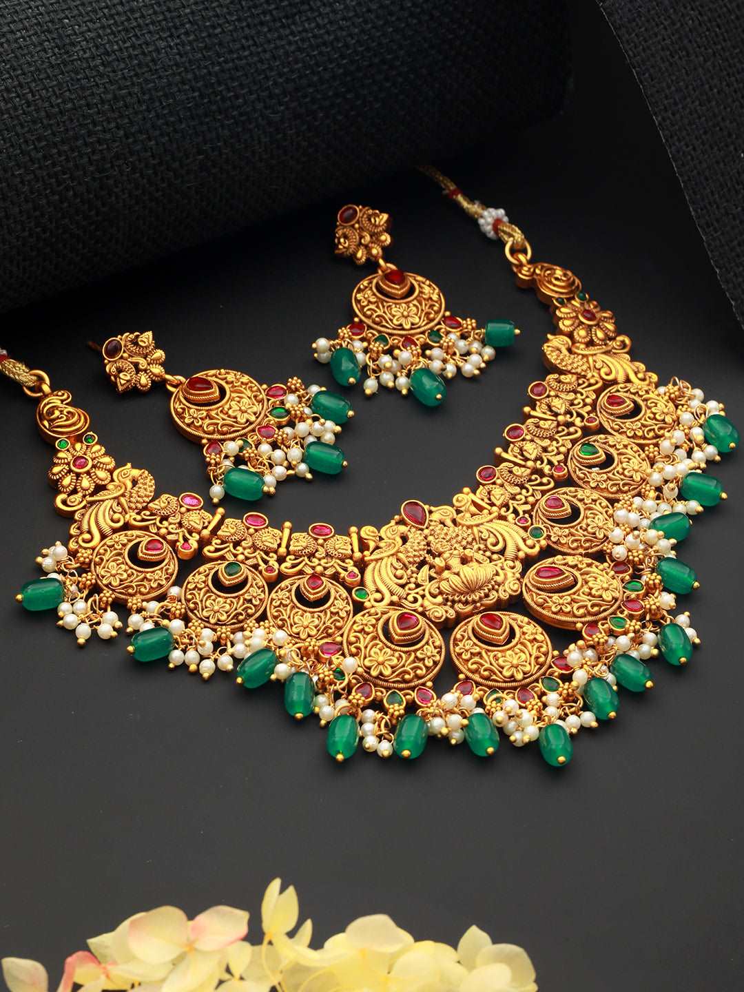 Gold Plated Red & Green Studded Lakshmiji Temple Pendant Jewellery Set, zaveri pearls, sale price rs, sale price, sale gold plated, sale gold, sale, rubans, ring, regular price, priyassi jewe