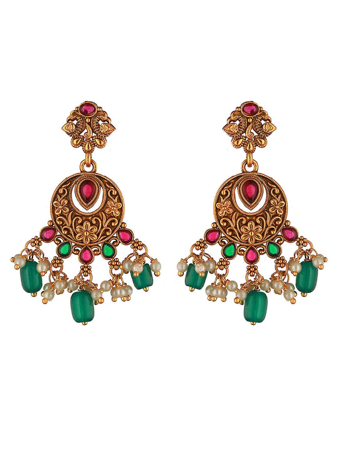 Gold Plated Red & Green Studded Lakshmiji Temple Pendant Jewellery Set, zaveri pearls, sale price rs, sale price, sale gold plated, sale gold, sale, rubans, ring, regular price, priyassi jewe
