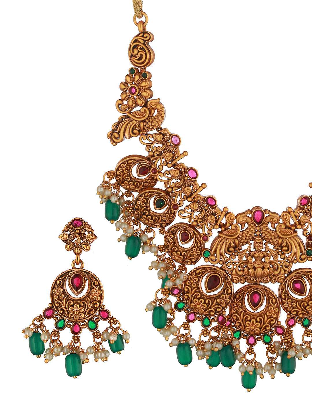 Gold Plated Red & Green Studded Lakshmiji Temple Pendant Jewellery Set, zaveri pearls, sale price rs, sale price, sale gold plated, sale gold, sale, rubans, ring, regular price, priyassi jewe