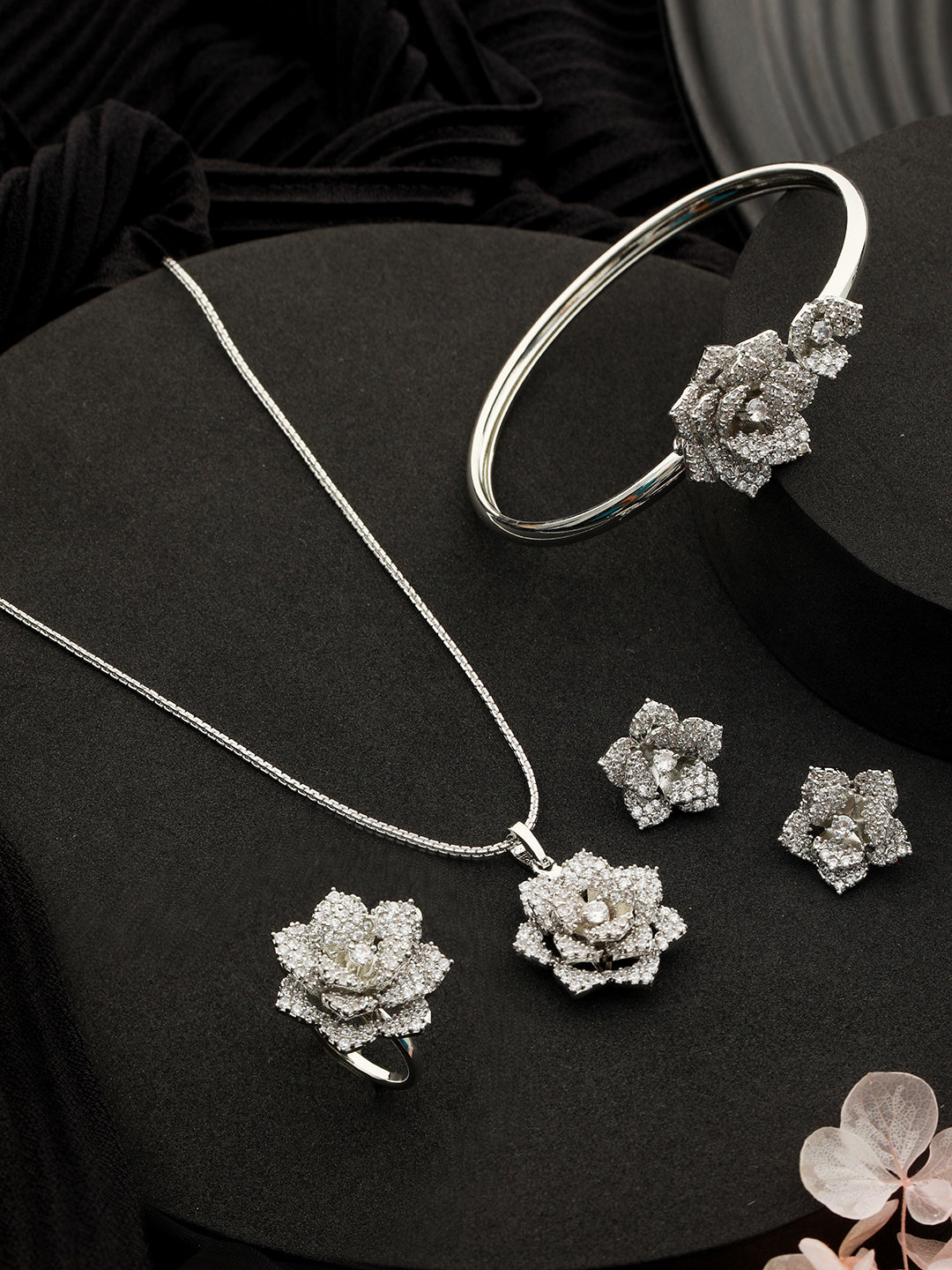 Silver Plated AD Studded Rose Statement Combo Jewellery Set, zaveri pearls, sale price rs, sale price, sale gold plated, sale gold, sale, rubans, ring, regular price, priyassi jewellery, kush