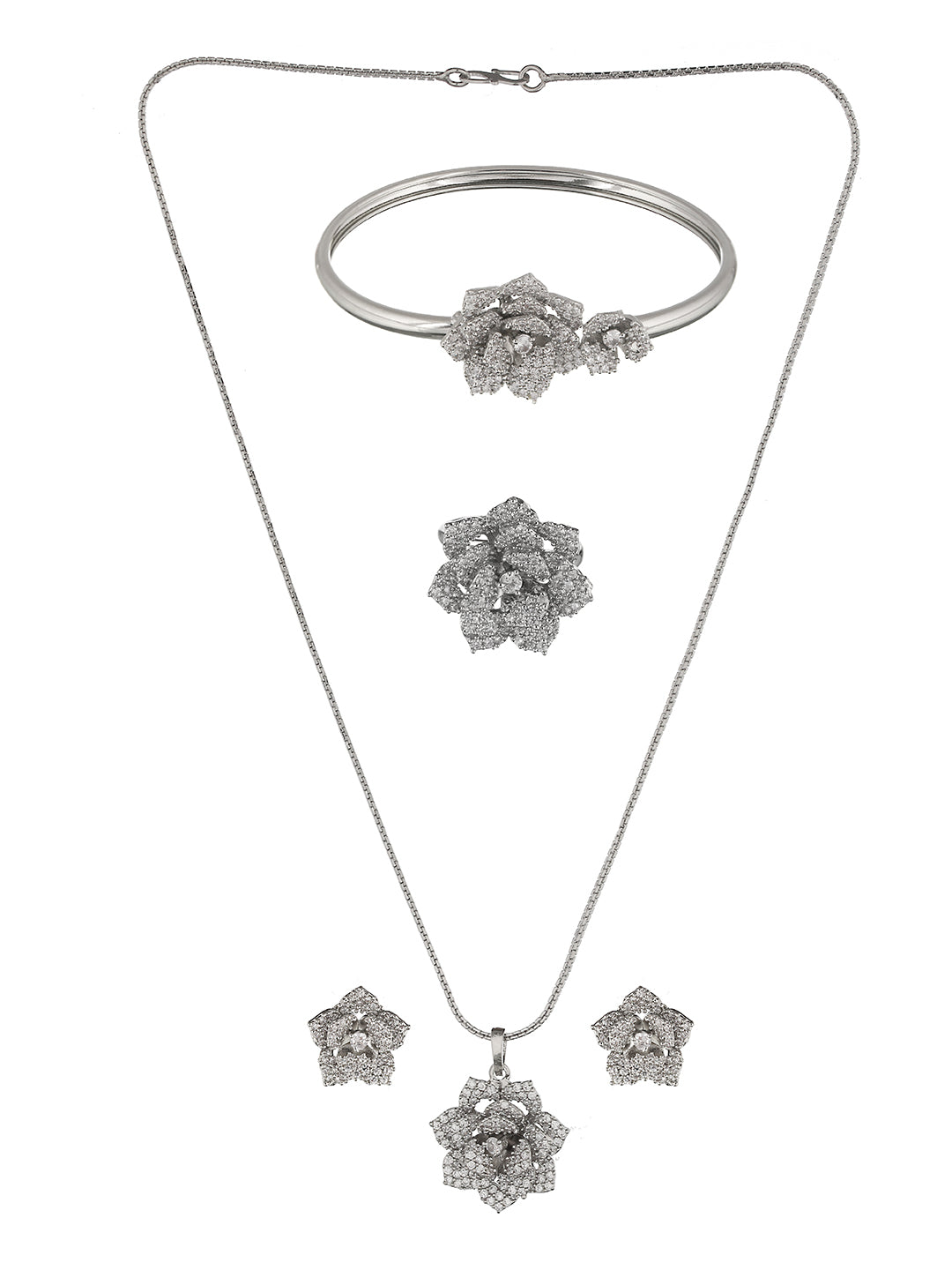 Silver Plated AD Studded Rose Statement Combo Jewellery Set, zaveri pearls, sale price rs, sale price, sale gold plated, sale gold, sale, rubans, ring, regular price, priyassi jewellery, kush