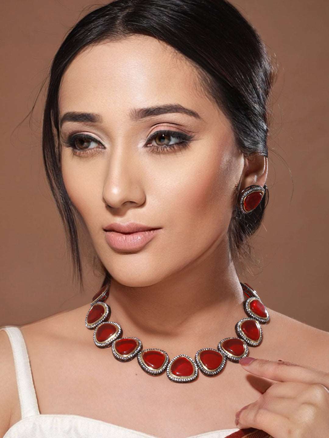 Cushion Cut SemiPrecious Stones & Pearl Beaded Choker Jewellery Set, zaveri pearls, sale price rs, sale price, sale gold plated, sale gold, sale, rubans, ring, regular price, priyassi jewelle