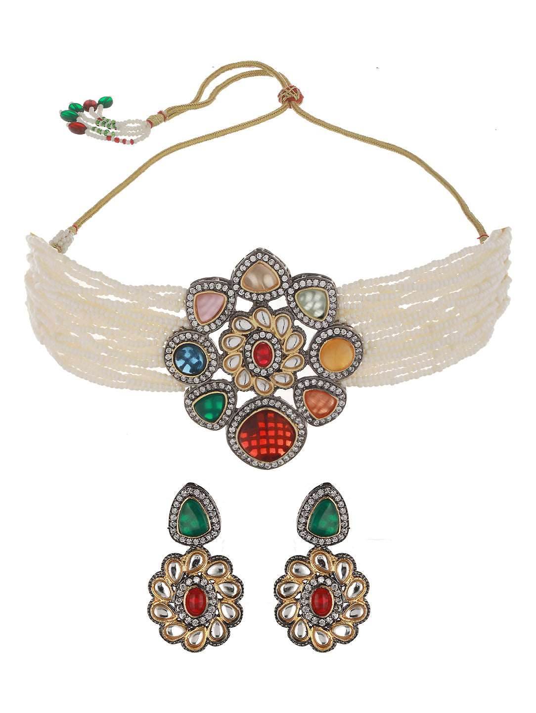 Gold Plated Multi Colored & Pearl Beaded Polki Choker Jewellery Set, zaveri pearls, sale price rs, sale price, sale gold plated, sale gold, sale, rubans, ring, regular price, priyassi jewelle