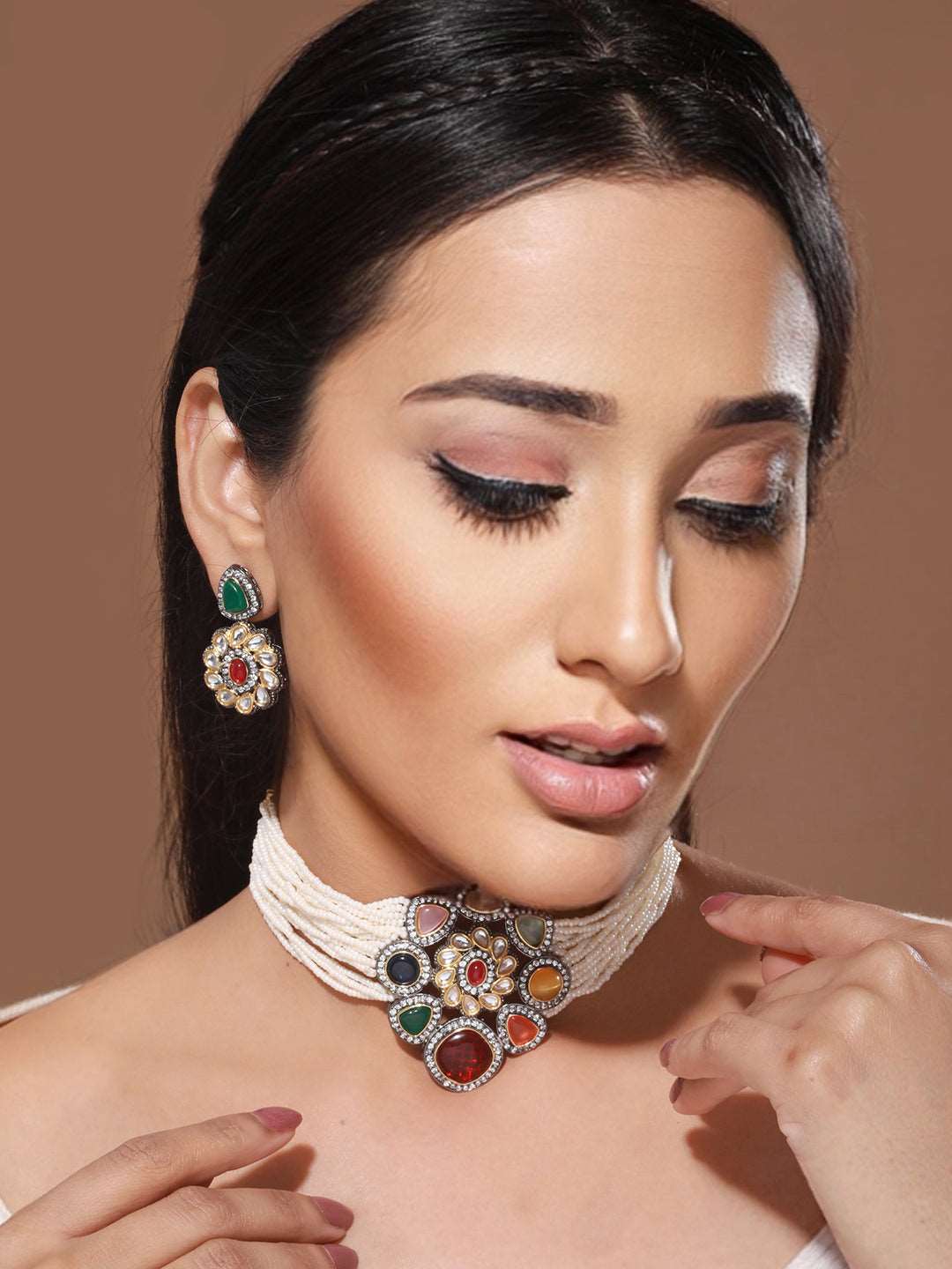 Gold Plated Multi Colored & Pearl Beaded Polki Choker Jewellery Set, zaveri pearls, sale price rs, sale price, sale gold plated, sale gold, sale, rubans, ring, regular price, priyassi jewelle