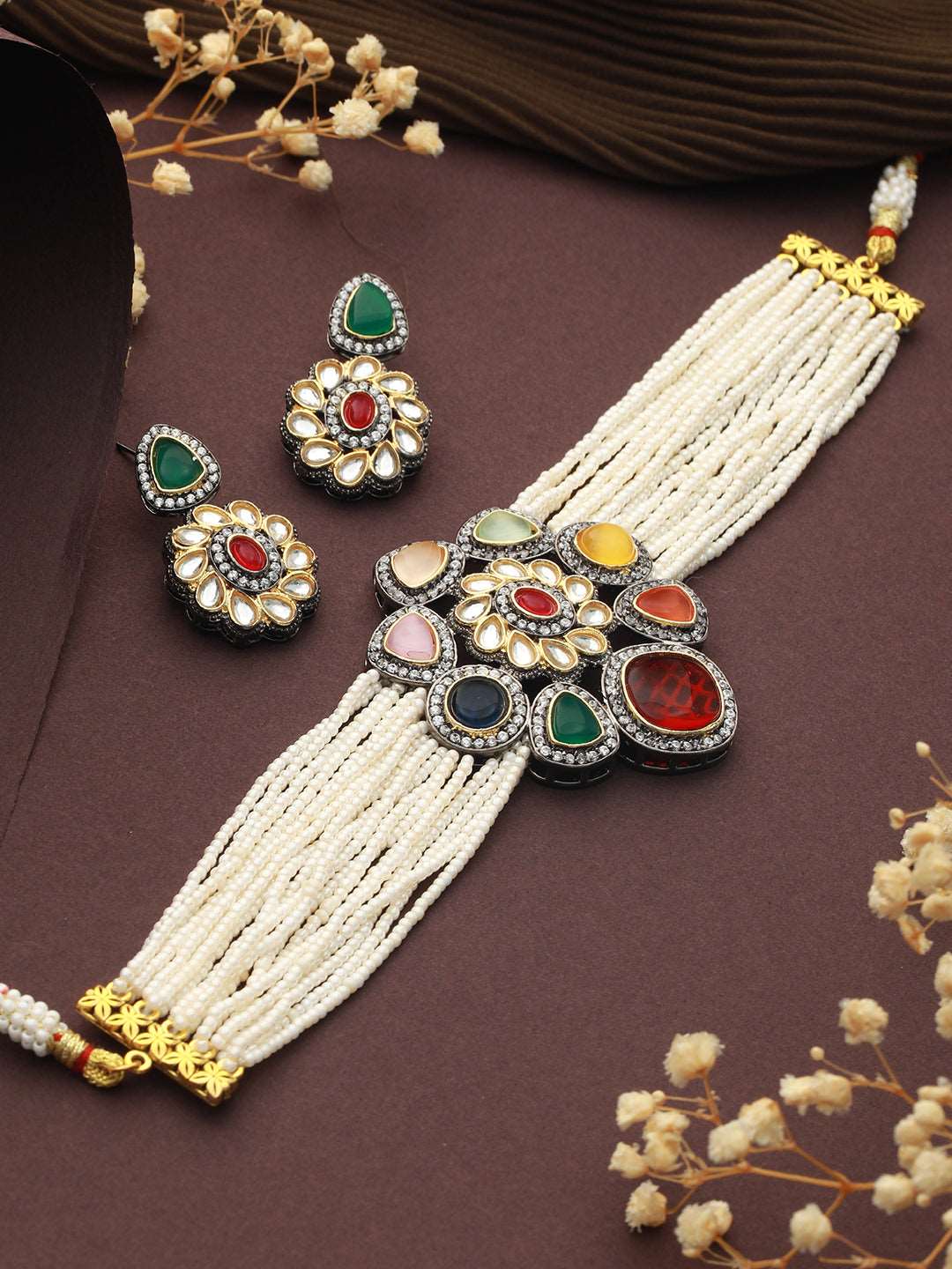 Gold Plated Multi Colored & Pearl Beaded Polki Choker Jewellery Set, zaveri pearls, sale price rs, sale price, sale gold plated, sale gold, sale, rubans, ring, regular price, priyassi jewelle
