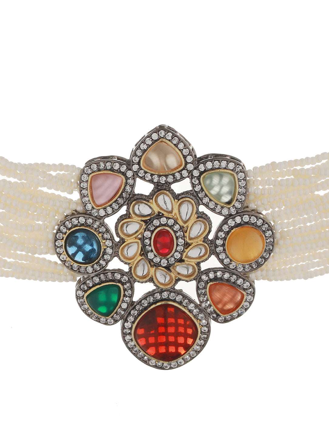 Gold Plated Multi Colored & Pearl Beaded Polki Choker Jewellery Set, zaveri pearls, sale price rs, sale price, sale gold plated, sale gold, sale, rubans, ring, regular price, priyassi jewelle