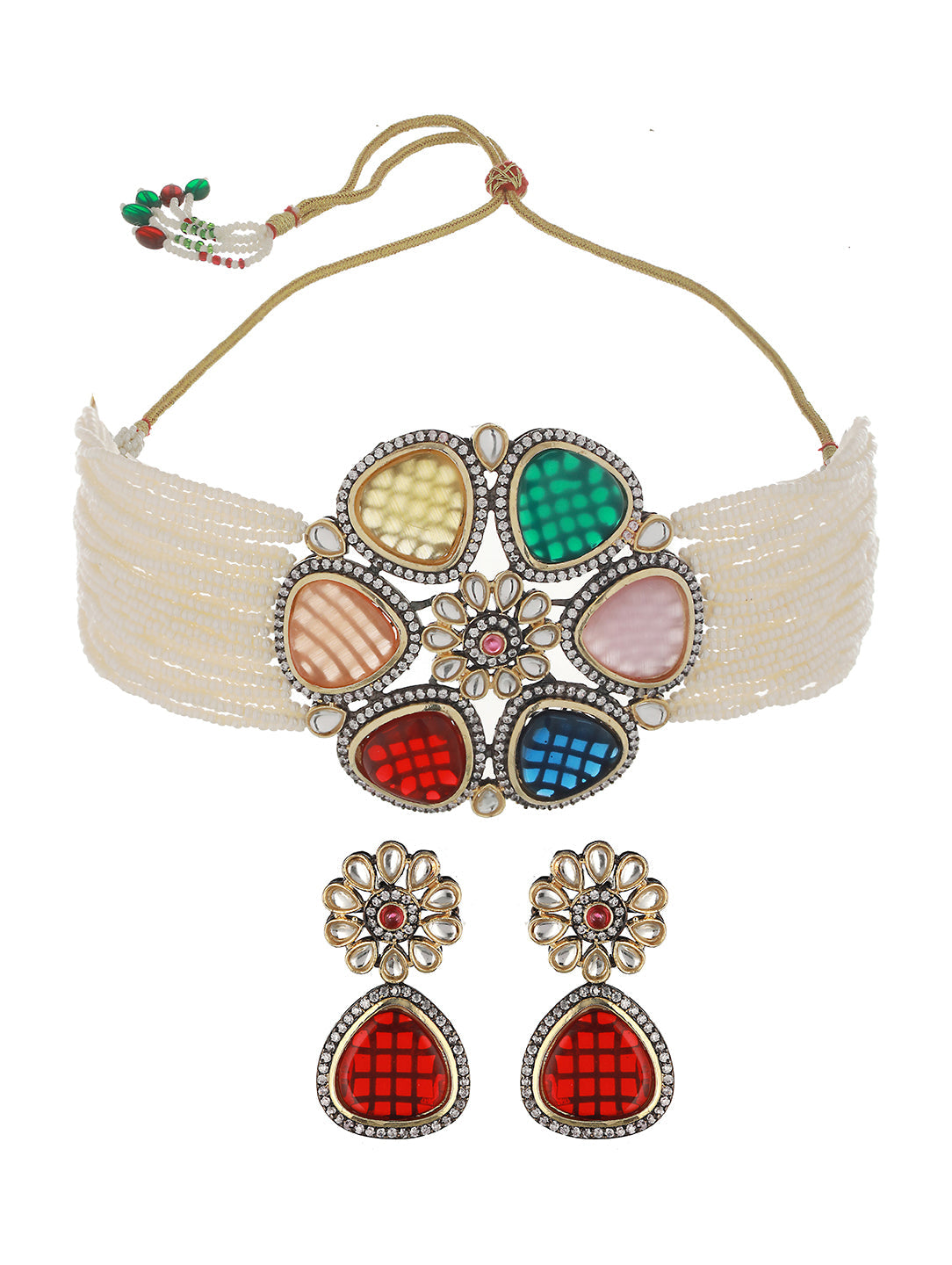 GoldPlated Multi Stone Pearl Beaded Floral Choker Jewellery Set, zaveri pearls, sale price rs, sale price, sale gold plated, sale gold, sale, rubans, ring, regular price, priyassi jewellery, 