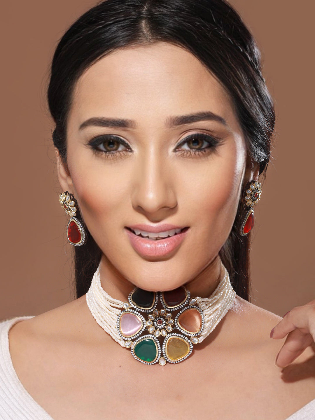 GoldPlated Multi Stone Pearl Beaded Floral Choker Jewellery Set, zaveri pearls, sale price rs, sale price, sale gold plated, sale gold, sale, rubans, ring, regular price, priyassi jewellery, 