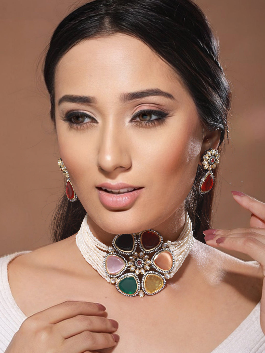 GoldPlated Multi Stone Pearl Beaded Floral Choker Jewellery Set, zaveri pearls, sale price rs, sale price, sale gold plated, sale gold, sale, rubans, ring, regular price, priyassi jewellery, 