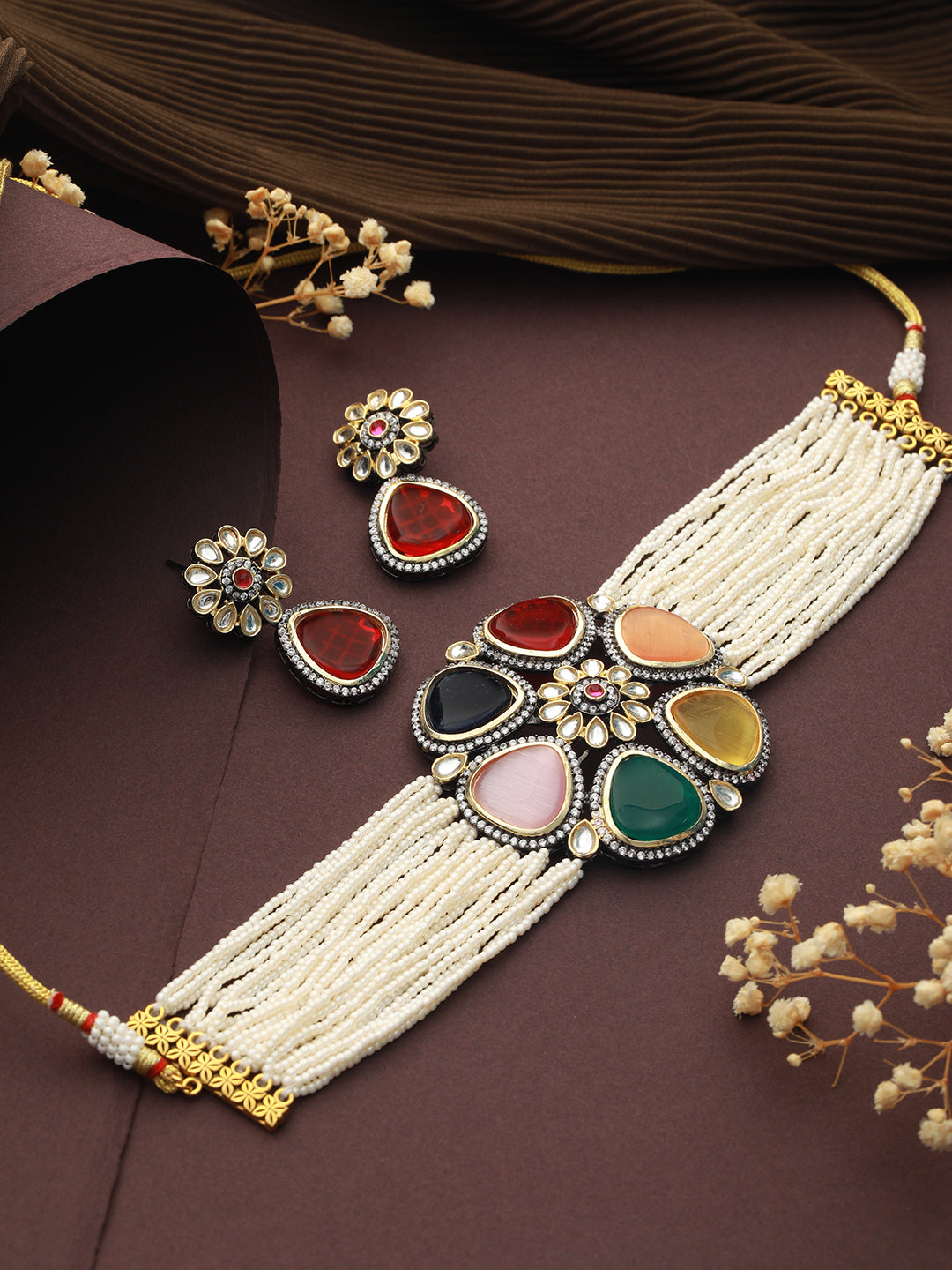 GoldPlated Multi Stone Pearl Beaded Floral Choker Jewellery Set, zaveri pearls, sale price rs, sale price, sale gold plated, sale gold, sale, rubans, ring, regular price, priyassi jewellery, 