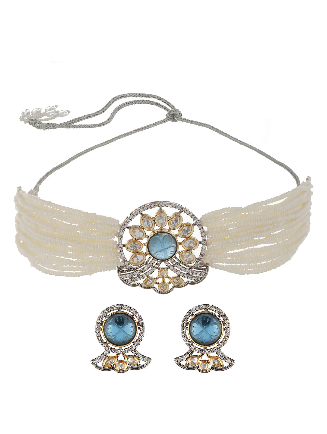 GoldPlated Blue Uncut Polki Pearl Beaded Choker Jewellery Set, zaveri pearls, sale price rs, sale price, sale gold plated, sale gold, sale, rubans, ring, regular price, priyassi jewellery, ku