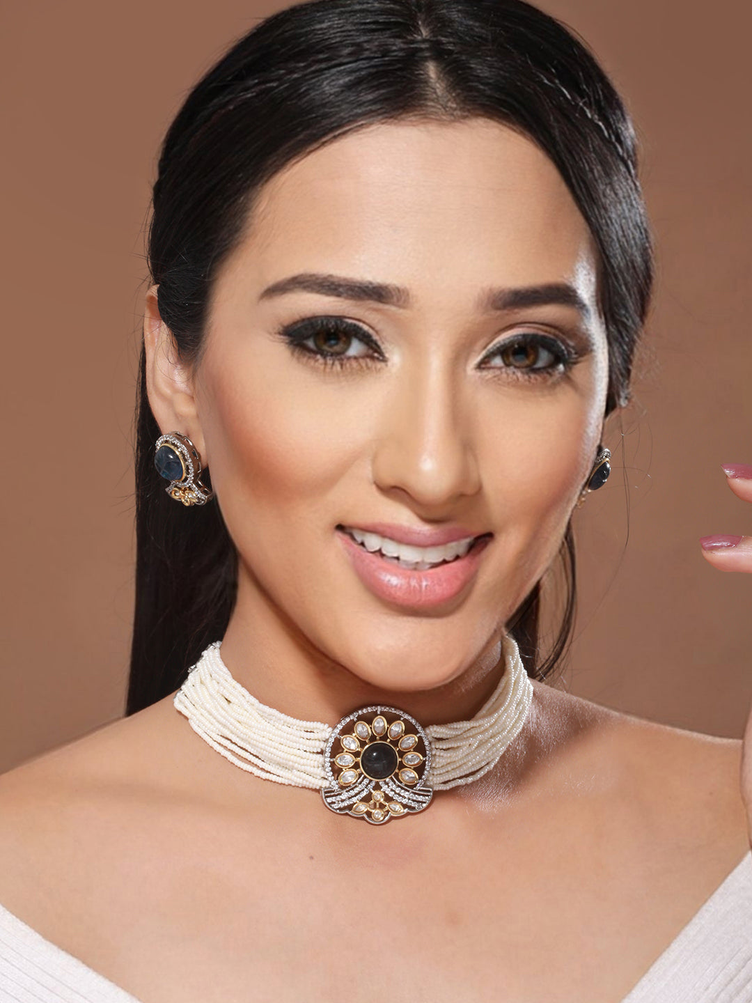 GoldPlated Blue Uncut Polki Pearl Beaded Choker Jewellery Set, zaveri pearls, sale price rs, sale price, sale gold plated, sale gold, sale, rubans, ring, regular price, priyassi jewellery, ku