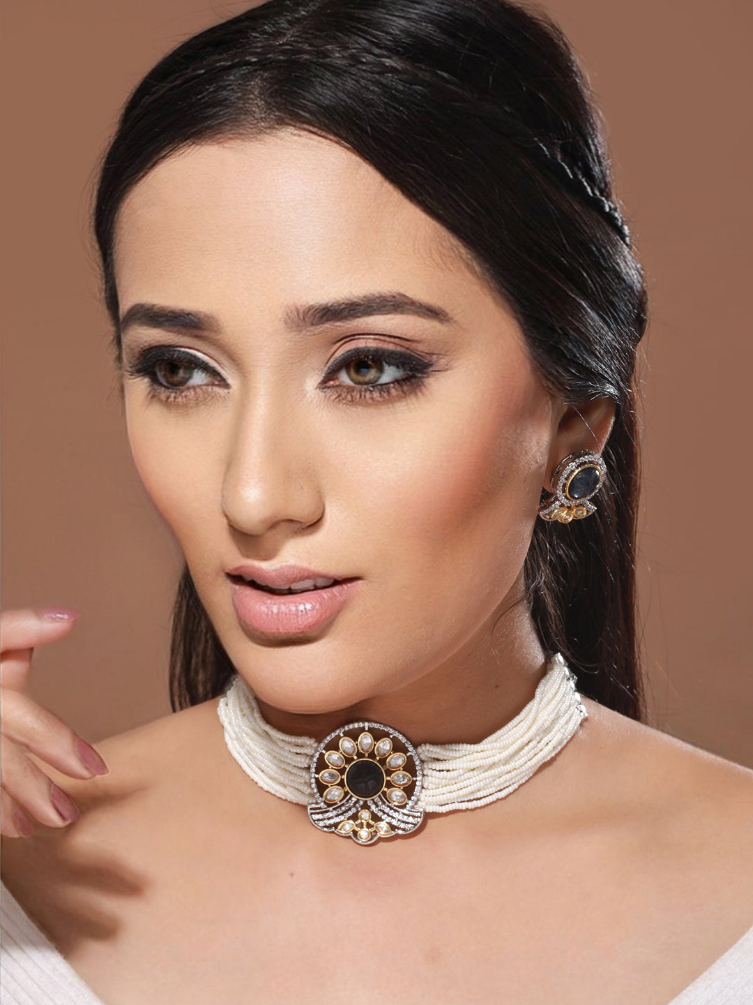 GoldPlated Blue Uncut Polki Pearl Beaded Choker Jewellery Set, zaveri pearls, sale price rs, sale price, sale gold plated, sale gold, sale, rubans, ring, regular price, priyassi jewellery, ku