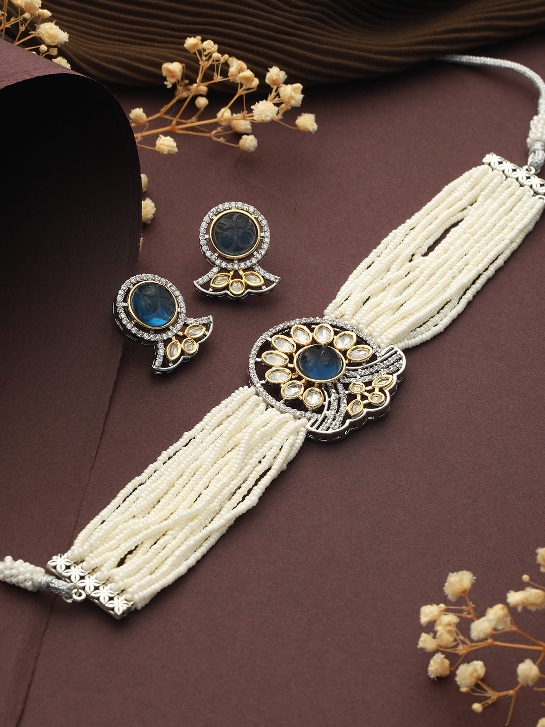 GoldPlated Blue Uncut Polki Pearl Beaded Choker Jewellery Set, zaveri pearls, sale price rs, sale price, sale gold plated, sale gold, sale, rubans, ring, regular price, priyassi jewellery, ku