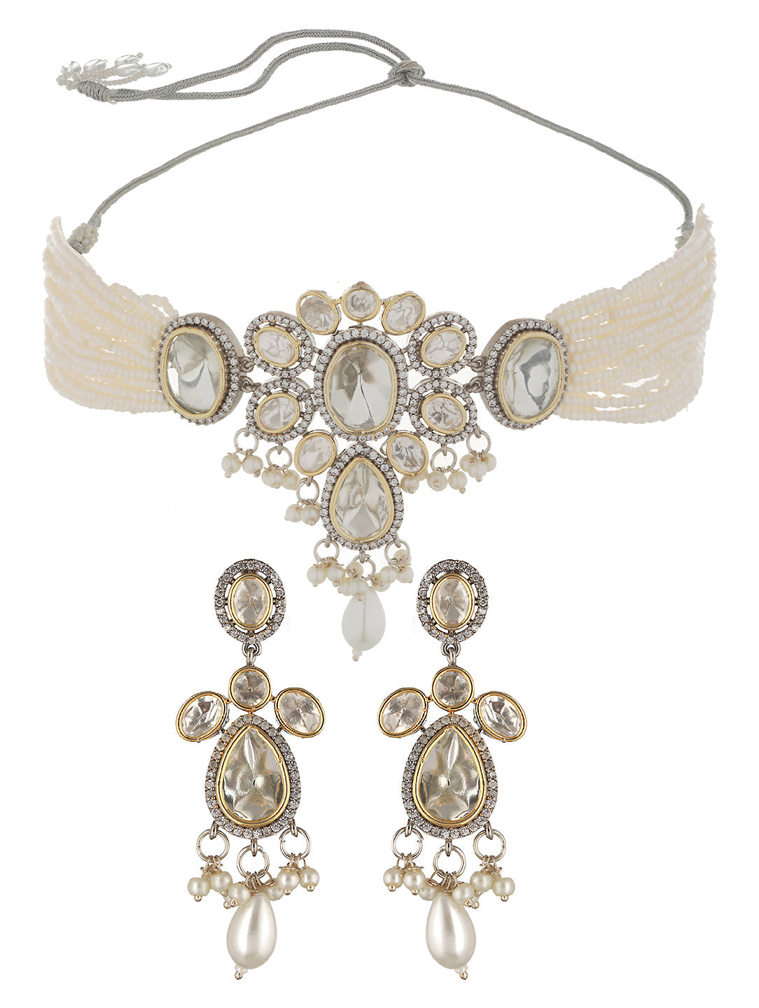 GoldPlated White Uncut Polki & Pearl Beaded Floral Choker Jewellery Set, zaveri pearls, sale price rs, sale price, sale gold plated, sale gold, sale, rubans, ring, regular price, priyassi jew