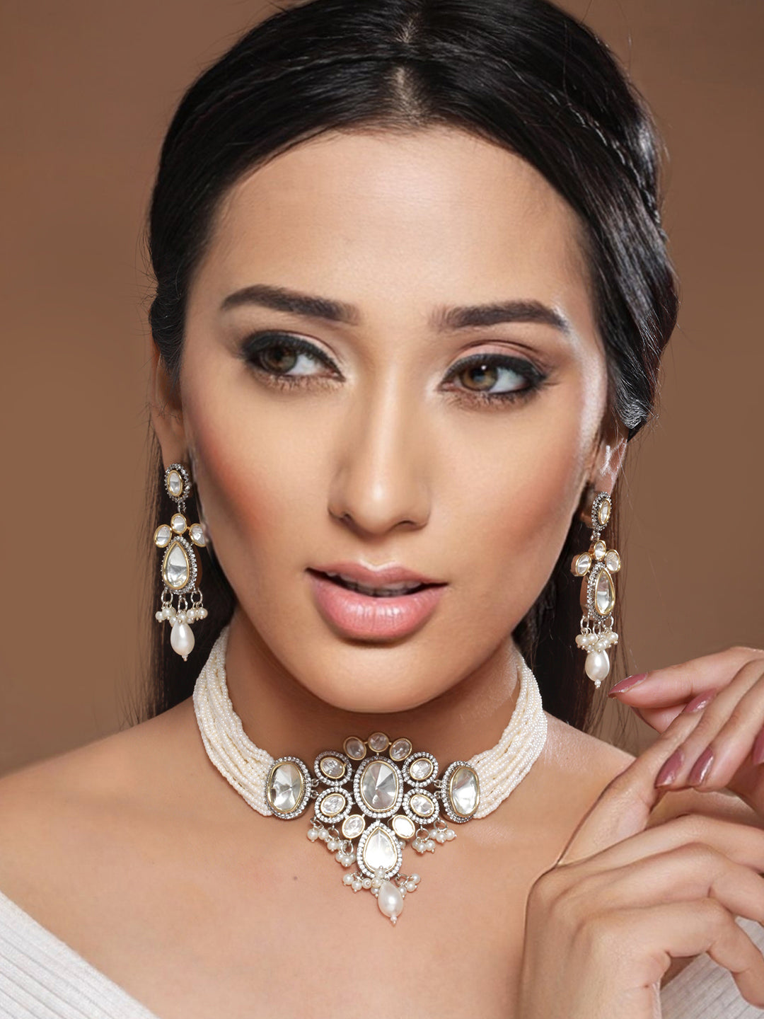 GoldPlated White Uncut Polki & Pearl Beaded Floral Choker Jewellery Set, zaveri pearls, sale price rs, sale price, sale gold plated, sale gold, sale, rubans, ring, regular price, priyassi jew