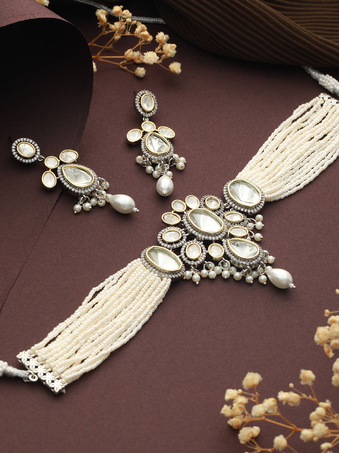 GoldPlated White Uncut Polki & Pearl Beaded Floral Choker Jewellery Set, zaveri pearls, sale price rs, sale price, sale gold plated, sale gold, sale, rubans, ring, regular price, priyassi jew