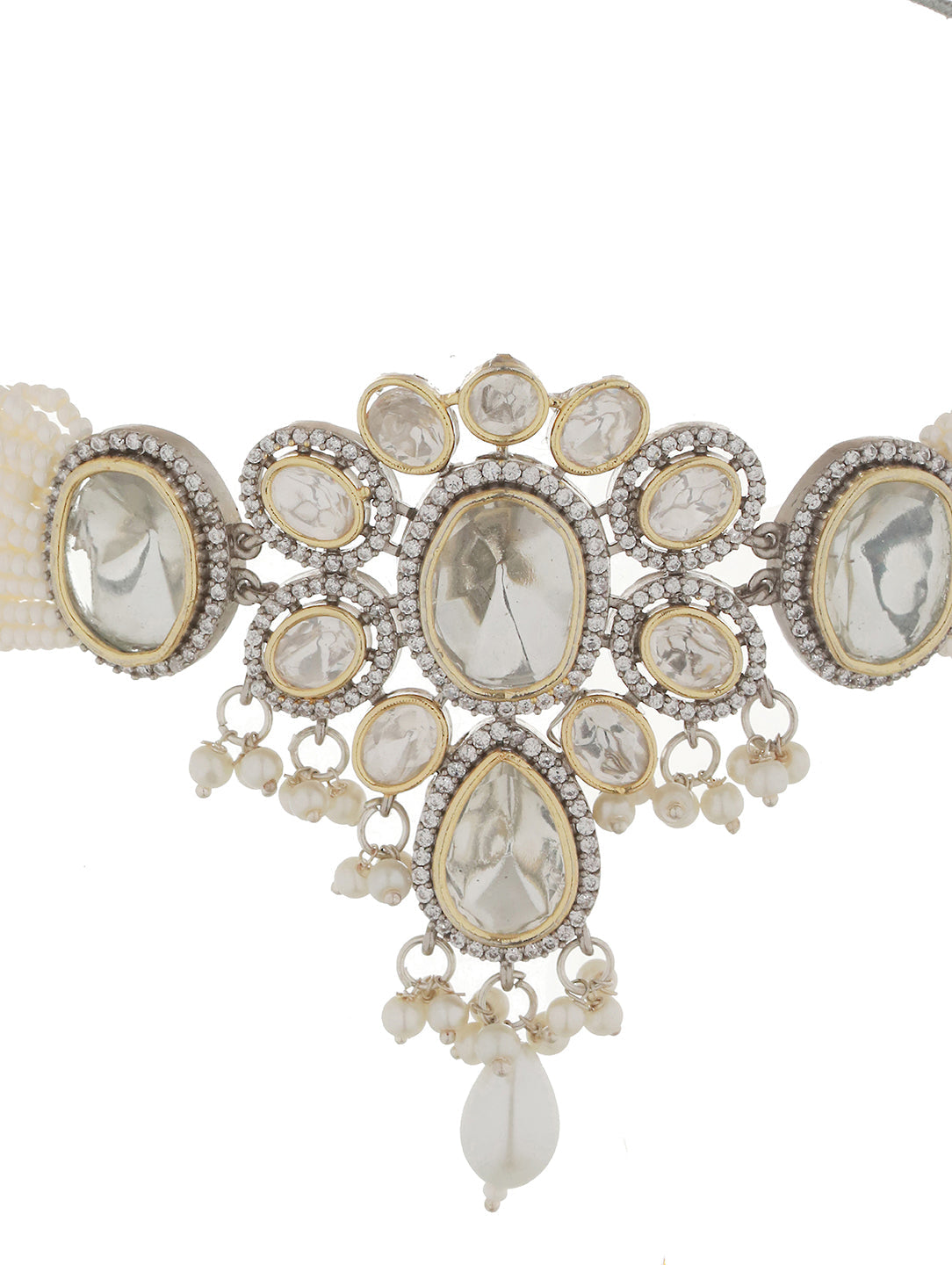 GoldPlated White Uncut Polki & Pearl Beaded Floral Choker Jewellery Set, zaveri pearls, sale price rs, sale price, sale gold plated, sale gold, sale, rubans, ring, regular price, priyassi jew