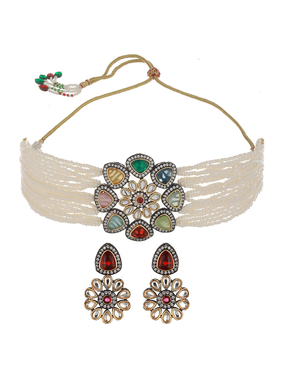 GoldPlated & Multi Stone Pearl Beaded Choker Jewellery Set, zaveri pearls, sale price rs, sale price, sale gold plated, sale gold, sale, rubans, ring, regular price, priyassi jewellery, kusha