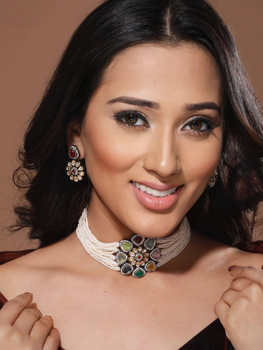 GoldPlated & Multi Stone Pearl Beaded Choker Jewellery Set, zaveri pearls, sale price rs, sale price, sale gold plated, sale gold, sale, rubans, ring, regular price, priyassi jewellery, kusha