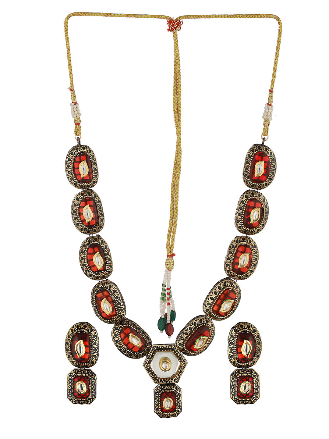 Gold Toned Red KundanStudded & Beaded Jewellery Set, zaveri pearls, sale price rs, sale price, sale gold plated, sale gold, sale, rubans, ring, regular price, priyassi jewellery, kushal's - S