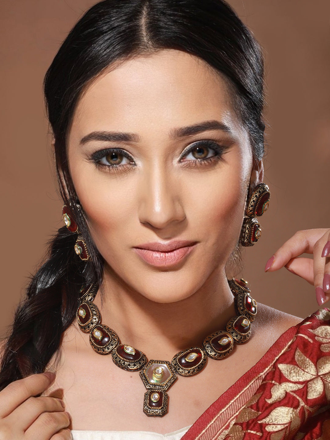 Gold Toned Red KundanStudded & Beaded Jewellery Set, zaveri pearls, sale price rs, sale price, sale gold plated, sale gold, sale, rubans, ring, regular price, priyassi jewellery, kushal's - S