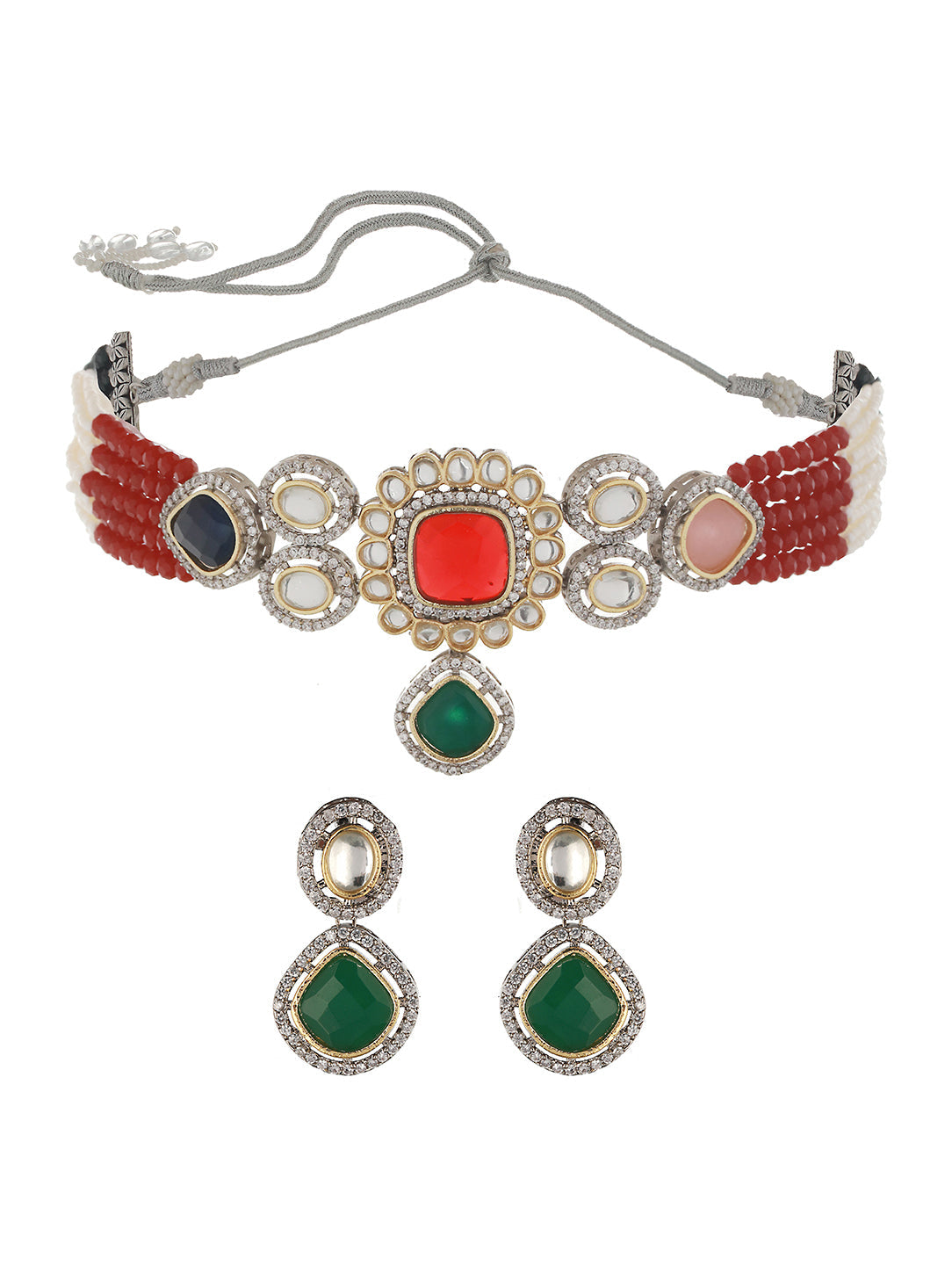 Multi Colored Victorian Dual Tone Stone Studded Jewellery Set, zaveri pearls, sale price rs, sale price, sale gold plated, sale gold, sale, rubans, ring, regular price, priyassi jewellery, ku