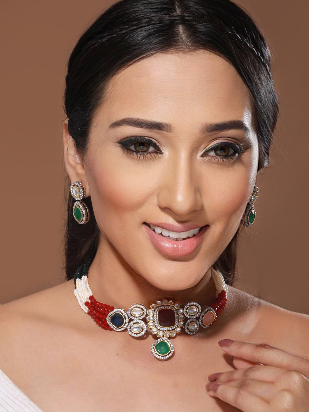 Multi Colored Victorian Dual Tone Stone Studded Jewellery Set, zaveri pearls, sale price rs, sale price, sale gold plated, sale gold, sale, rubans, ring, regular price, priyassi jewellery, ku