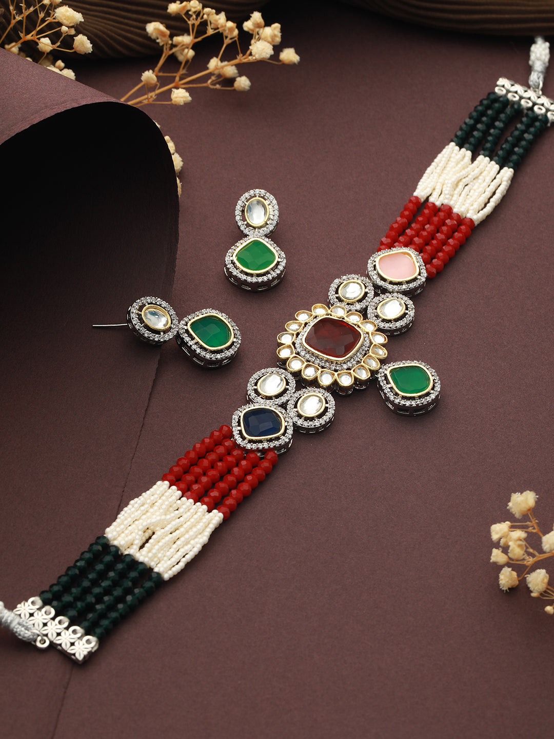 Multi Colored Victorian Dual Tone Stone Studded Jewellery Set, zaveri pearls, sale price rs, sale price, sale gold plated, sale gold, sale, rubans, ring, regular price, priyassi jewellery, ku