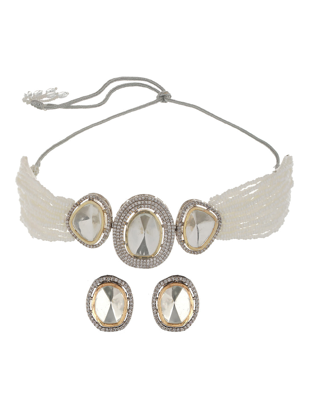 Gold Toned White Moissanite AD Studded Pearl Beaded Statement Choker Jewellery Set, zaveri pearls, sale price rs, sale price, sale gold plated, sale gold, sale, rubans, ring, regular price, p