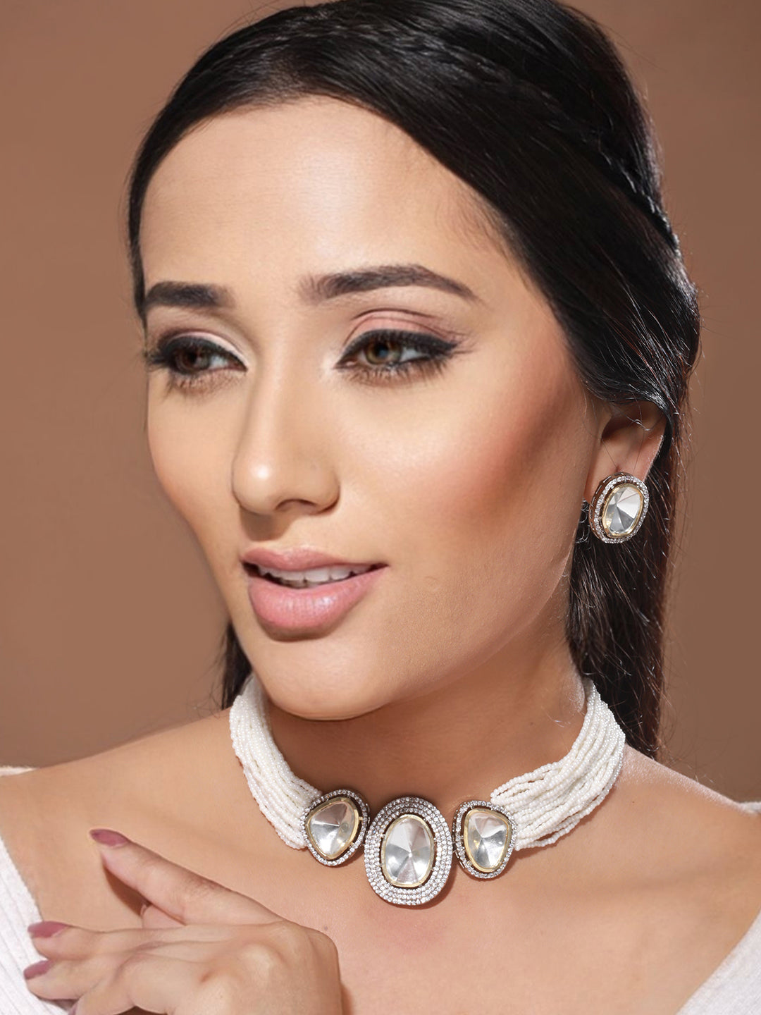 Gold Toned White Moissanite AD Studded Pearl Beaded Statement Choker Jewellery Set, zaveri pearls, sale price rs, sale price, sale gold plated, sale gold, sale, rubans, ring, regular price, p