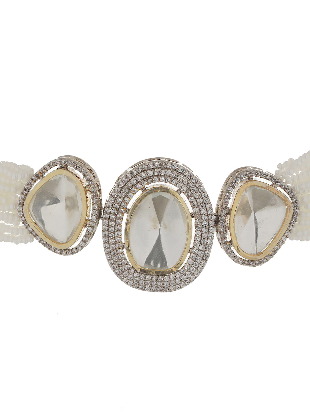 Gold Toned White Moissanite AD Studded Pearl Beaded Statement Choker Jewellery Set, zaveri pearls, sale price rs, sale price, sale gold plated, sale gold, sale, rubans, ring, regular price, p
