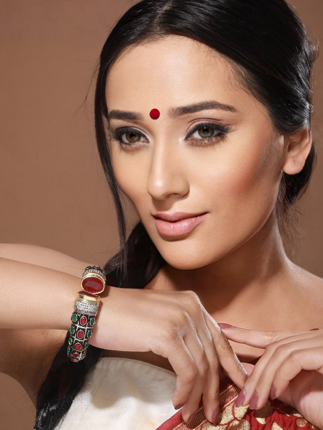 Enamelled Multi AD Studded Statement Cuff, zaveri pearls, sale price rs, sale price, sale gold plated, sale gold, sale, rubans, ring, regular price, priyassi jewellery, kushal's - Saraf RS Je