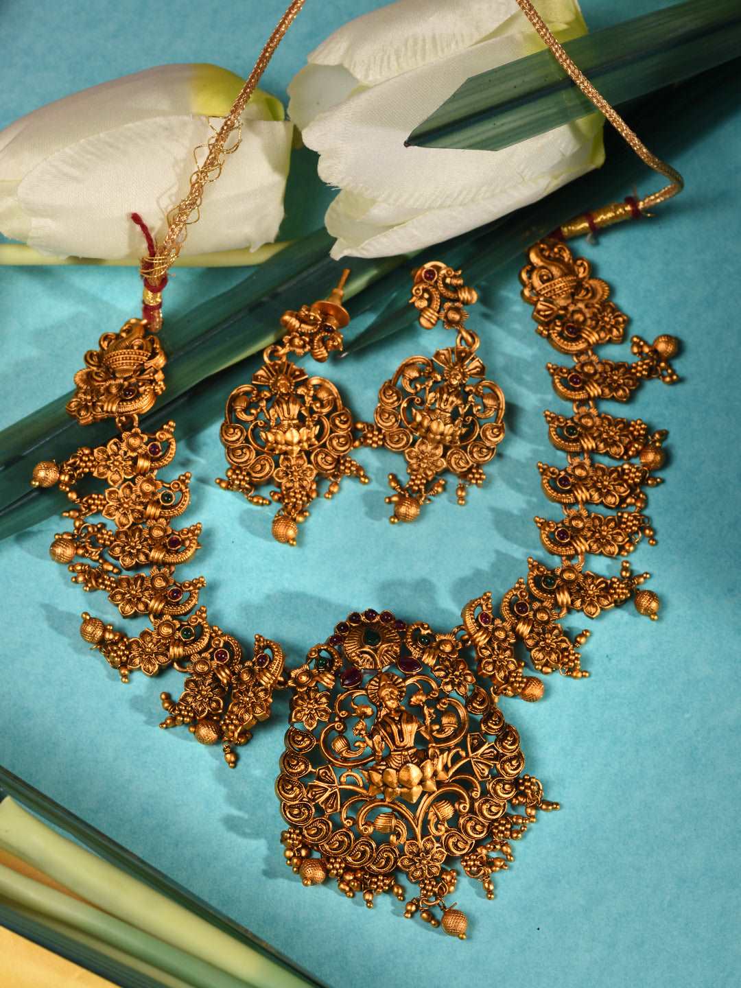 Gold Plated Lakshmiji Filigree Antique Temple Necklace Jewellery Set, zaveri pearls, sale price rs, sale price, sale gold plated, sale gold, sale, rubans, ring, regular price, priyassi jewell