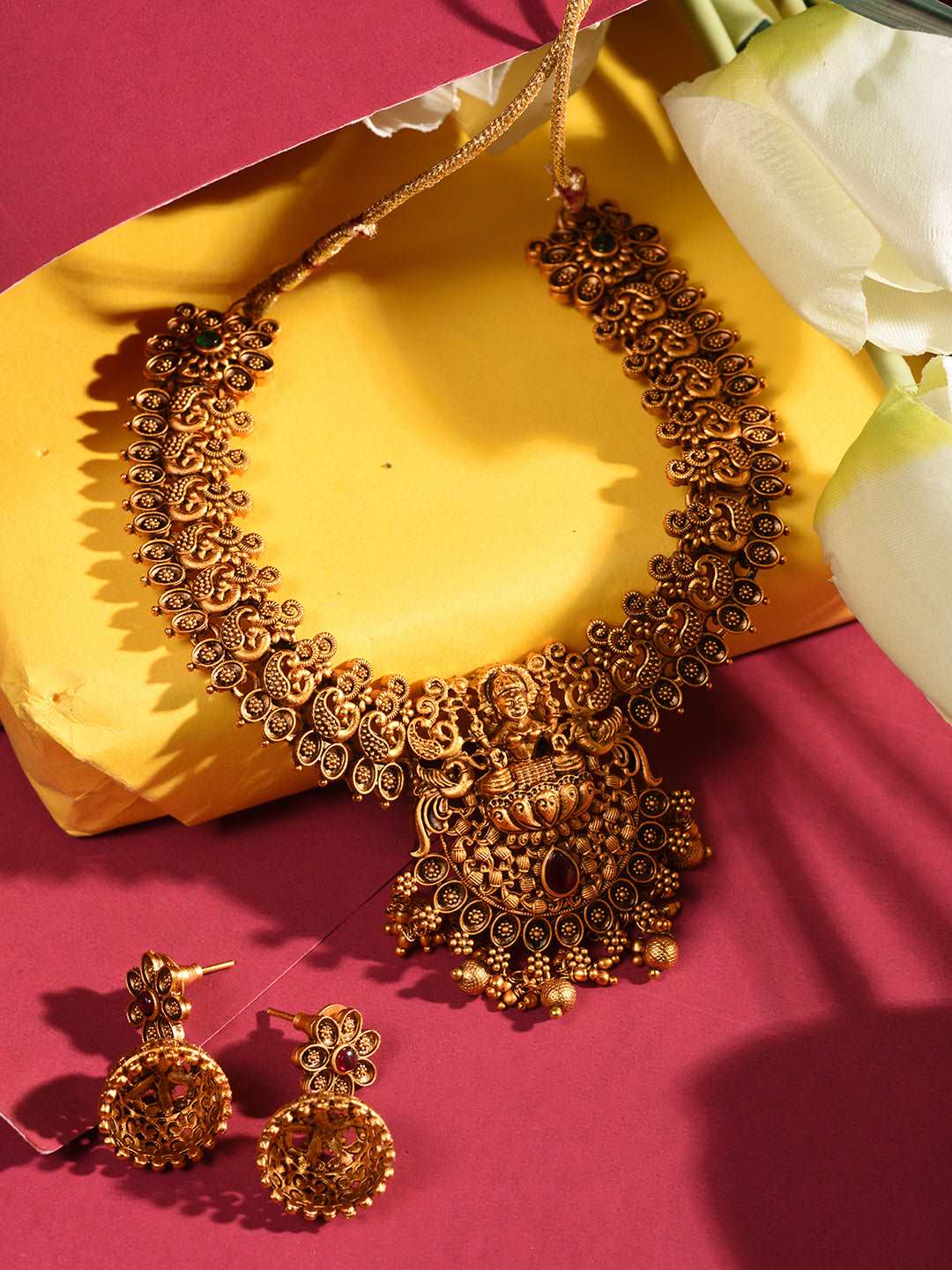 Gold plated Goddess Lakshmi Filigree Temple Jewellry Set, zaveri pearls, sale price rs, sale price, sale gold plated, sale gold, sale, rubans, ring, regular price, priyassi jewellery, kushal'