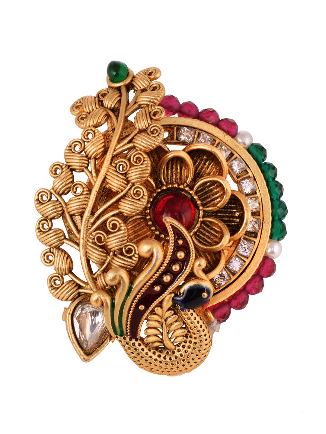 GoldPlated Green Kempo Peacock Motif Adjustable Finger Ring, zaveri pearls, sale price rs, sale price, sale gold plated, sale gold, sale, rubans, ring, regular price, priyassi jewellery, kush
