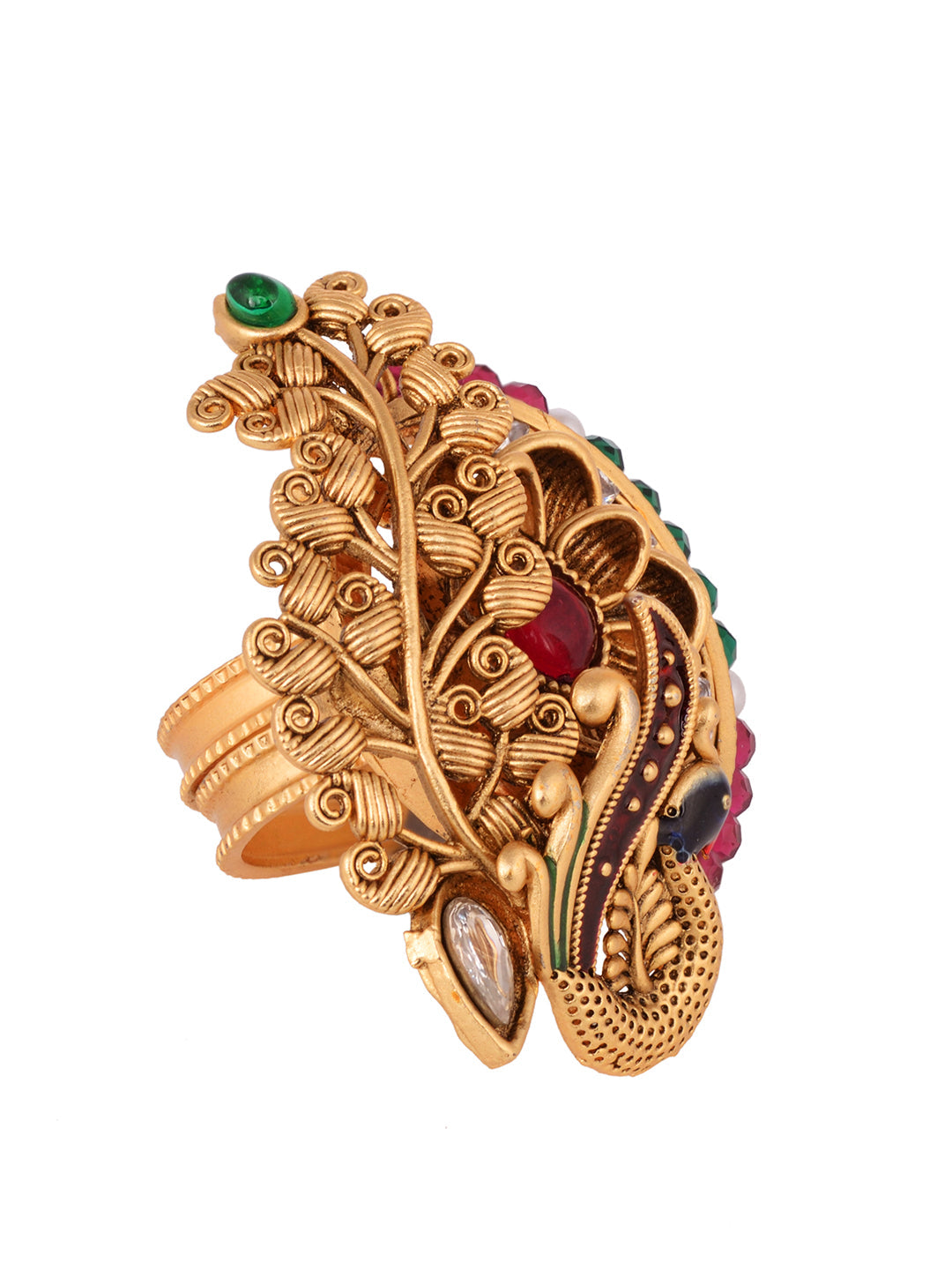 GoldPlated Green Kempo Peacock Motif Adjustable Finger Ring, zaveri pearls, sale price rs, sale price, sale gold plated, sale gold, sale, rubans, ring, regular price, priyassi jewellery, kush