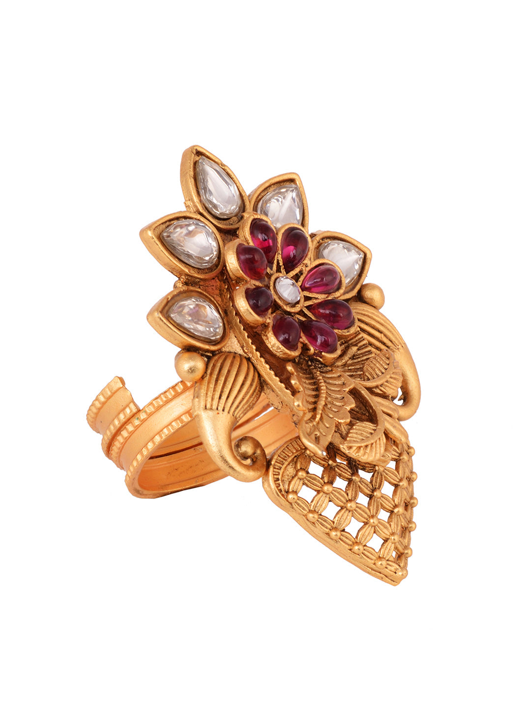 GoldPlated Red AD Studded Floral Adjustable Finger Ring, zaveri pearls, sale price rs, sale price, sale gold plated, sale gold, sale, rubans, ring, regular price, priyassi jewellery, kushal's
